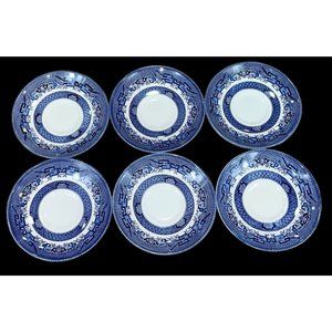 Vtg 6 Churchill Blue Willow Saucers Made in Staffordshire England 5-1/2” Blue